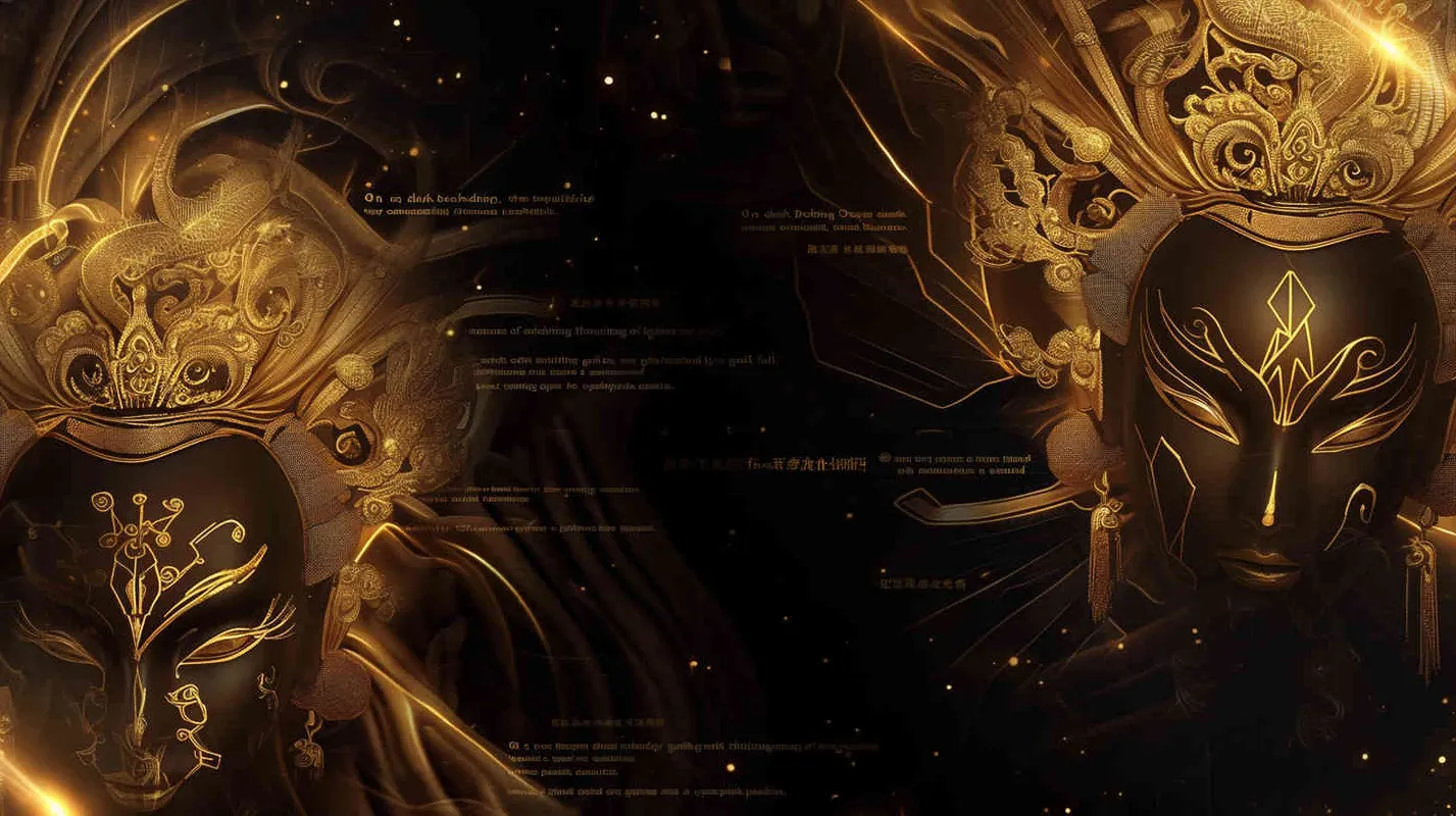 Black background, two golden  Peking Opera mask on the left and right sides, outlined by gold foil lines, cyberpunk, - style4部分