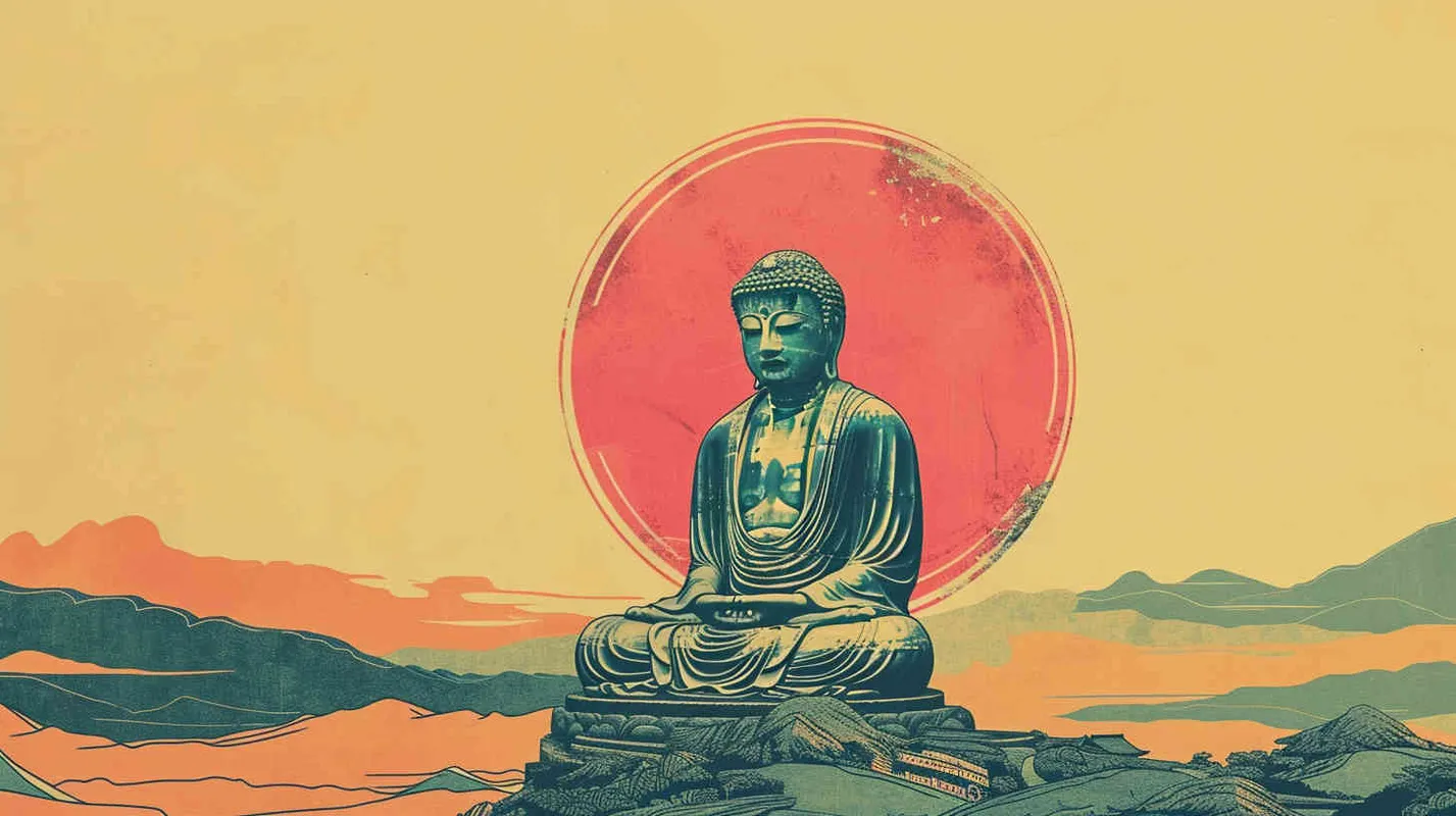 中间一个如来佛祖的座盘，简单背景，简单的着色，插画采用简单的线条 - style2部分