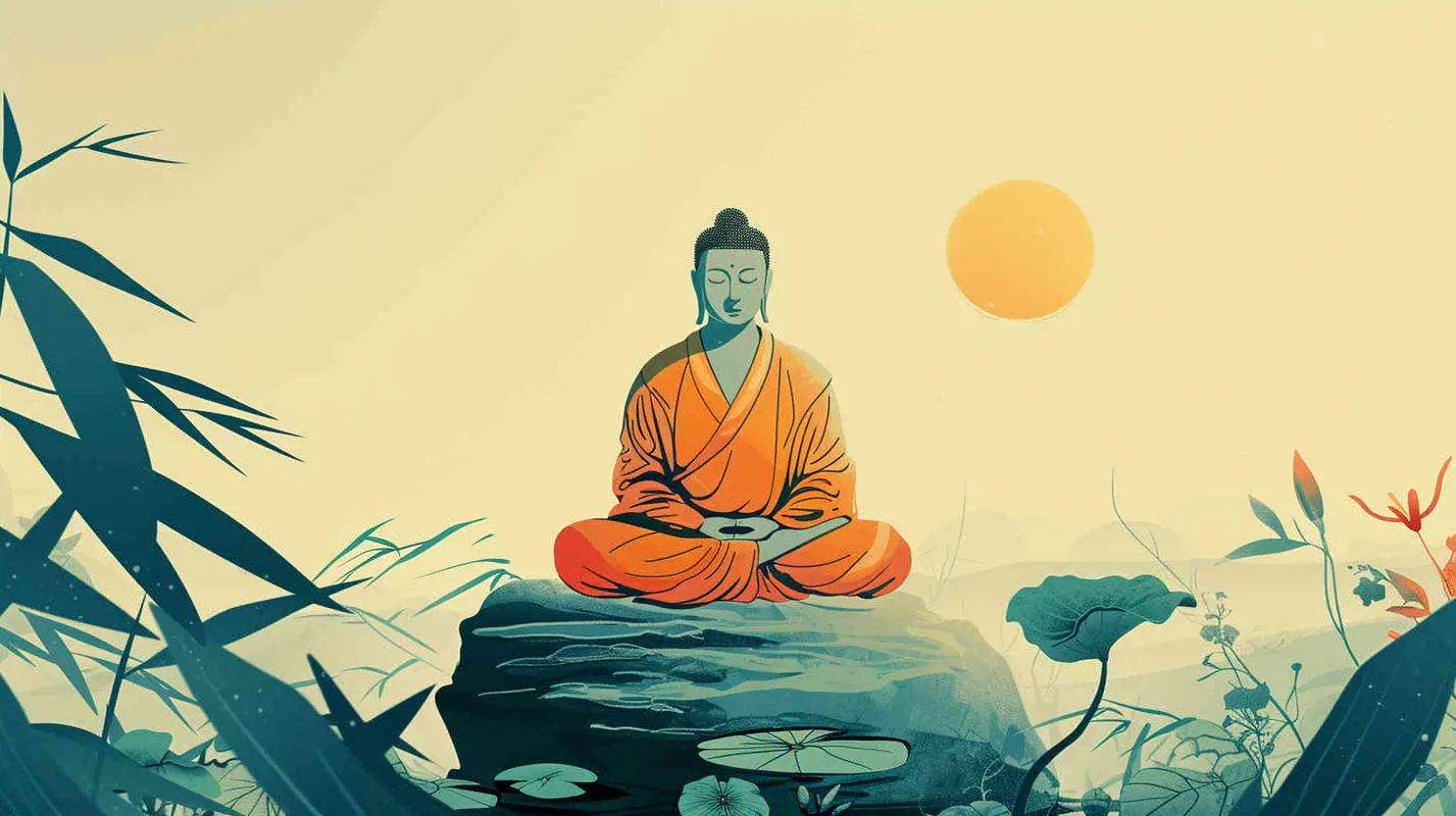 中间一个如来佛祖的座盘，简单背景，简单的着色，插画采用简单的线条 - style3部分