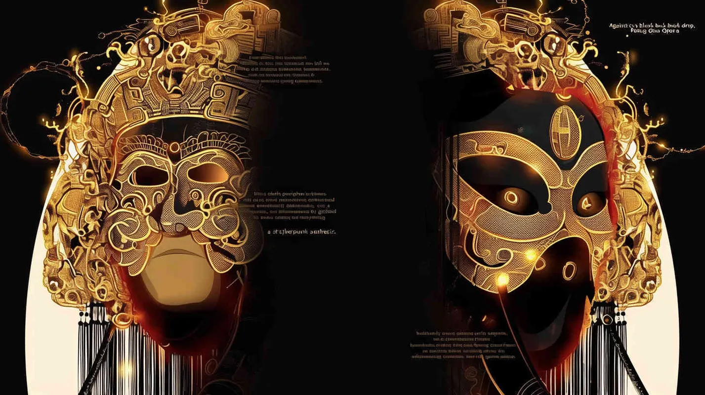 Black background, two golden  Peking Opera mask on the left and right sides, outlined by gold foil lines, cyberpunk - style1部分
