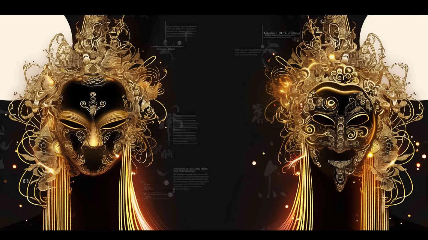 Black background, two golden  Peking Opera mask on the left and right sides, outlined by gold foil lines, cyberpunk - style2部分