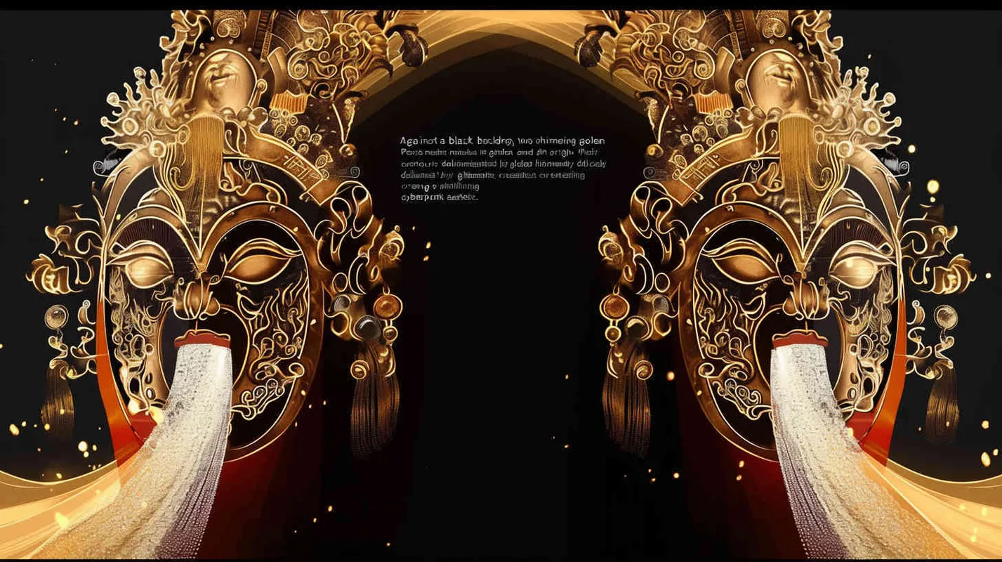 Black background, two golden  Peking Opera mask on the left and right sides, outlined by gold foil lines, cyberpunk - style3部分