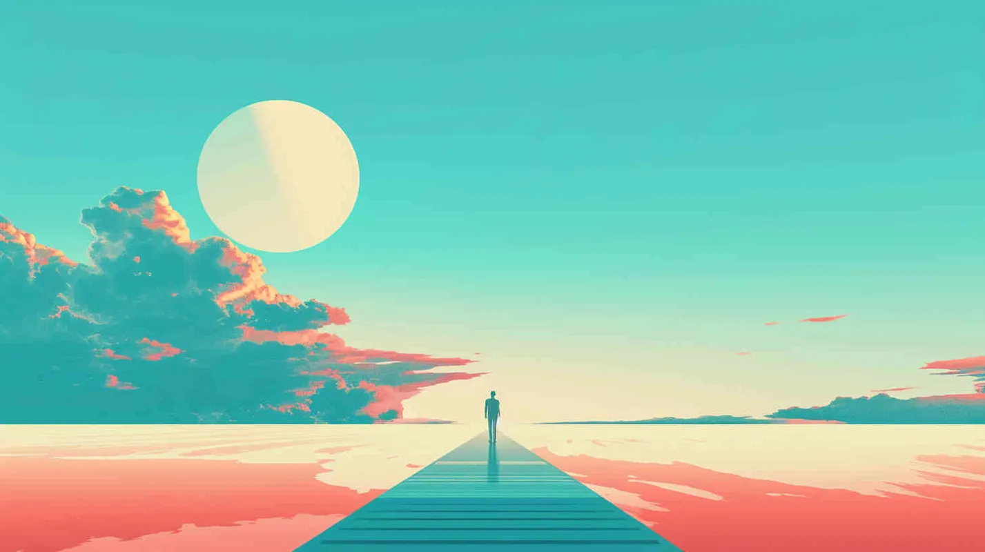以浅蓝色天空为背景，有一条道路，背简单背景，简单的着色，平面插图，插画采用简单的线条 – AI绘画作品展示 | Midjourney中文版生成