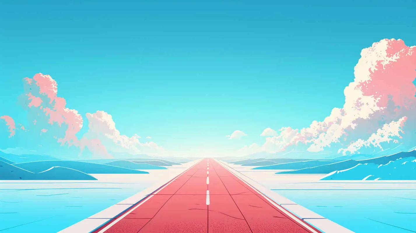 以浅蓝色天空为背景，有一条道路，背简单背景，简单的着色，平面插图，插画采用简单的线条 - style2部分
