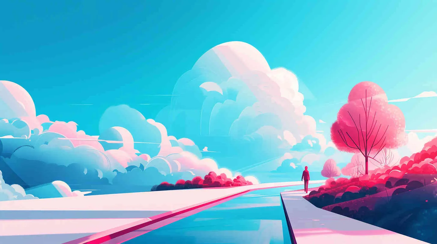 以浅蓝色天空为背景，有一条道路，背简单背景，简单的着色，平面插图，插画采用简单的线条 - style4部分
