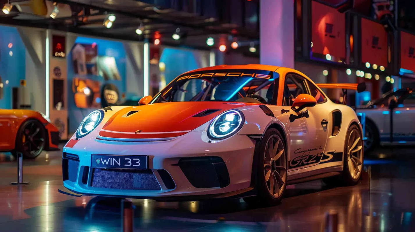 一辆改装跑车，把保时捷的车标和车贴替换为“WIN3”，车头面相观众，展厅灯光，很cool，电影级灯光 - AI绘画作品展示 | Midjourney中文版生成