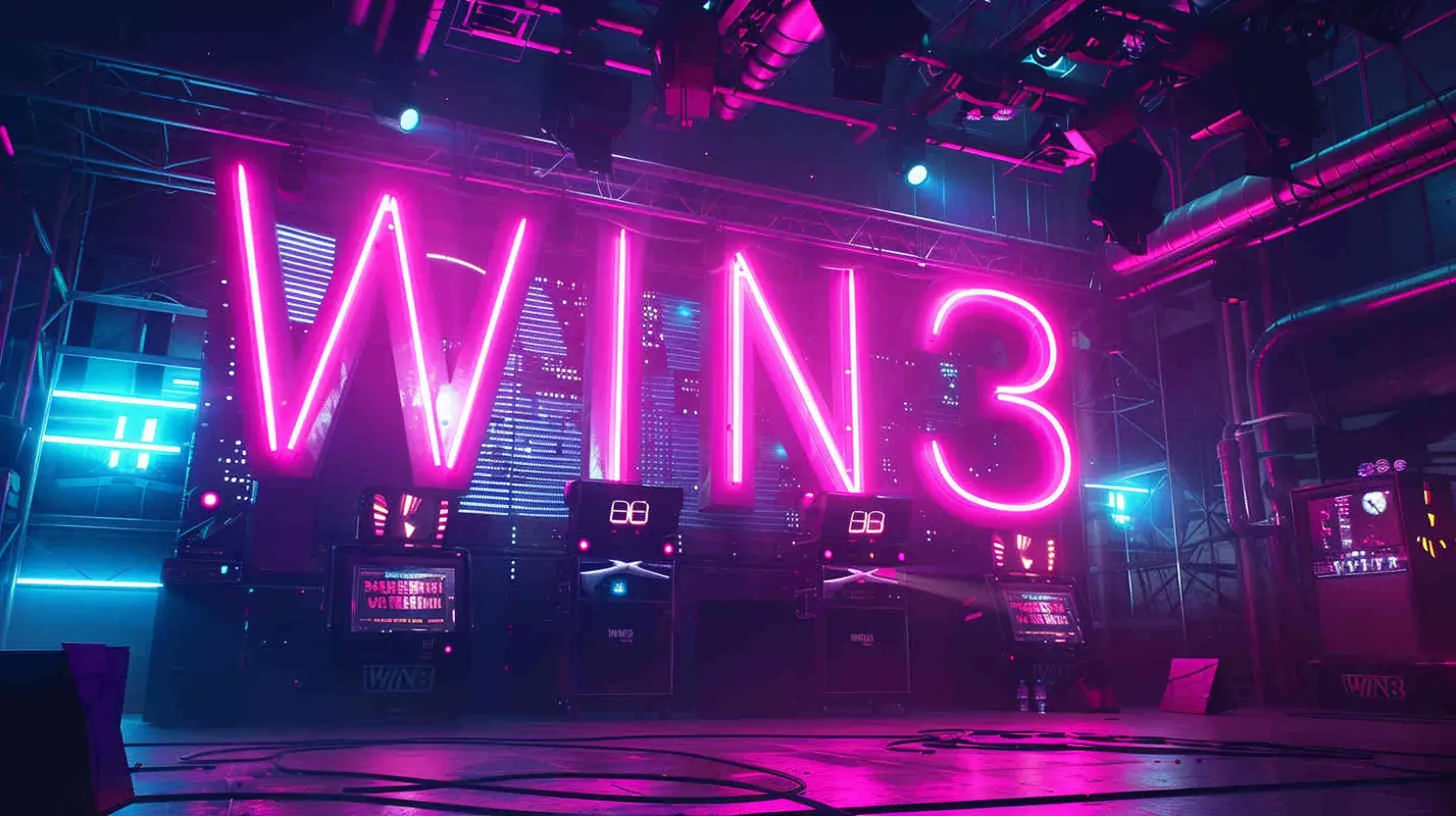 设计一个演唱会舞台，背景是大大的字样“WIN3”，赛博朋克风格，非常绚丽的演出效果，电影级打光 - style2部分