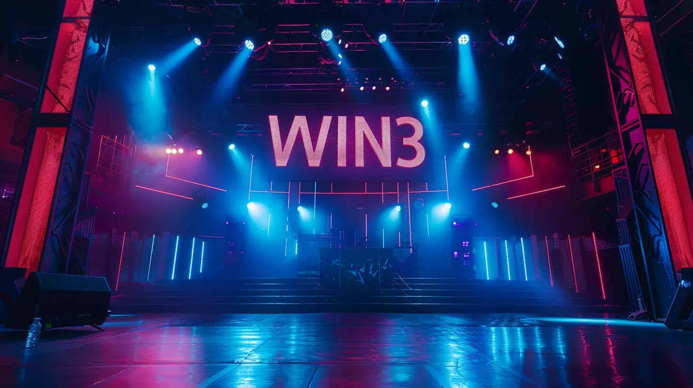 设计一个演唱会舞台，背景是大大的字样“WIN3”，赛博朋克风格，非常绚丽的演出效果，电影级打光 - style3部分