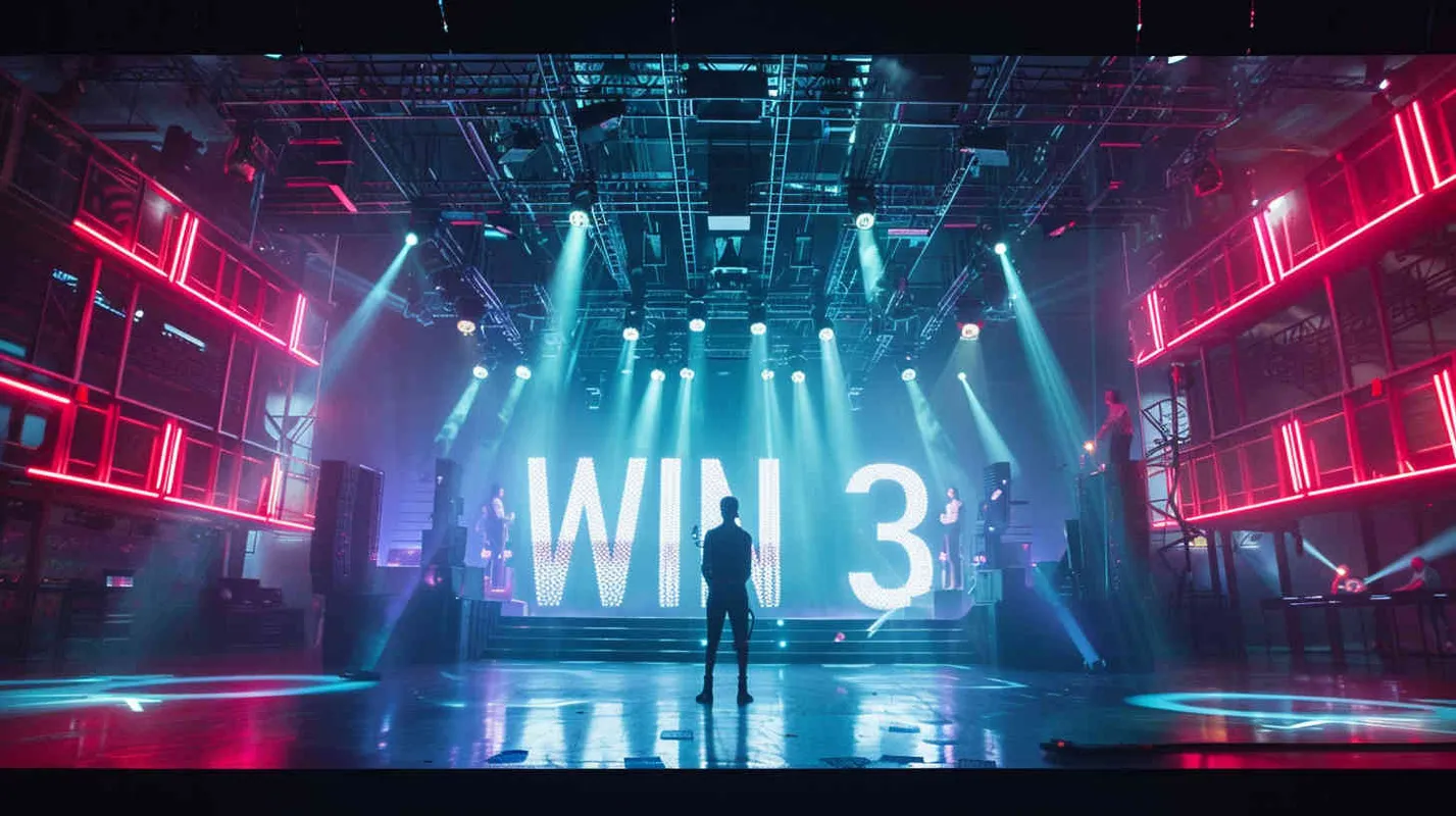设计一个演唱会舞台，背景是大大的字样“WIN3”，赛博朋克风格，非常绚丽的演出效果，电影级打光 - style4部分