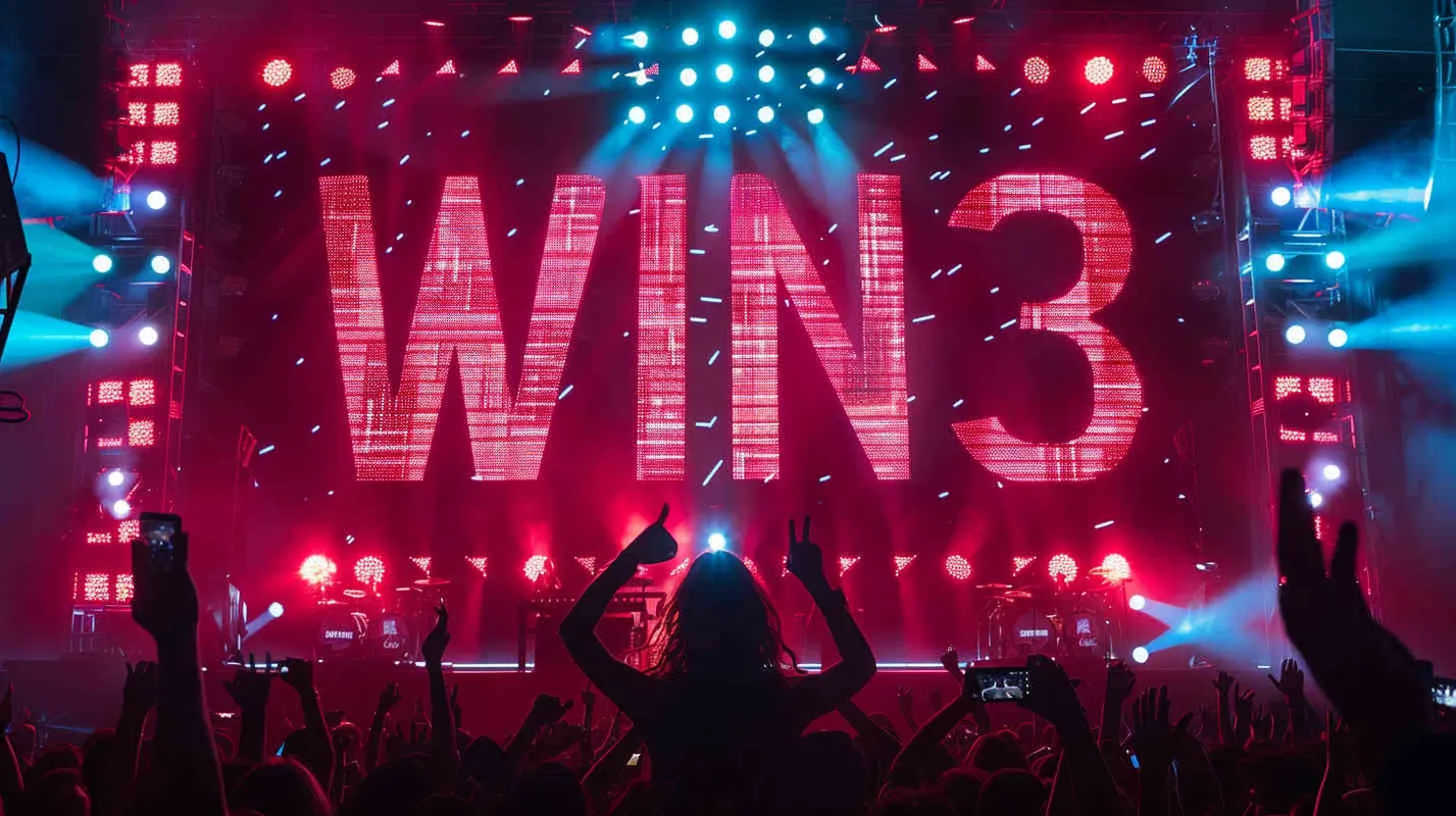 摄影作品，一个万人演唱会现场，舞台及周边是大大的字样“WIN3”，赛博朋克风格，非常绚丽的演出效果，电影级打光， – AI绘画作品展示 | Midjourney中文版生成