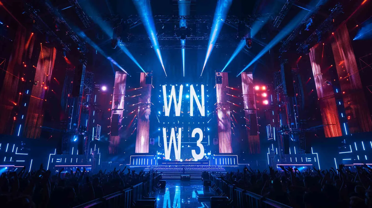 摄影作品，一个万人演唱会现场，舞台及周边是大大的字样“WIN3”，赛博朋克风格，非常绚丽的演出效果，电影级打光， - style2部分