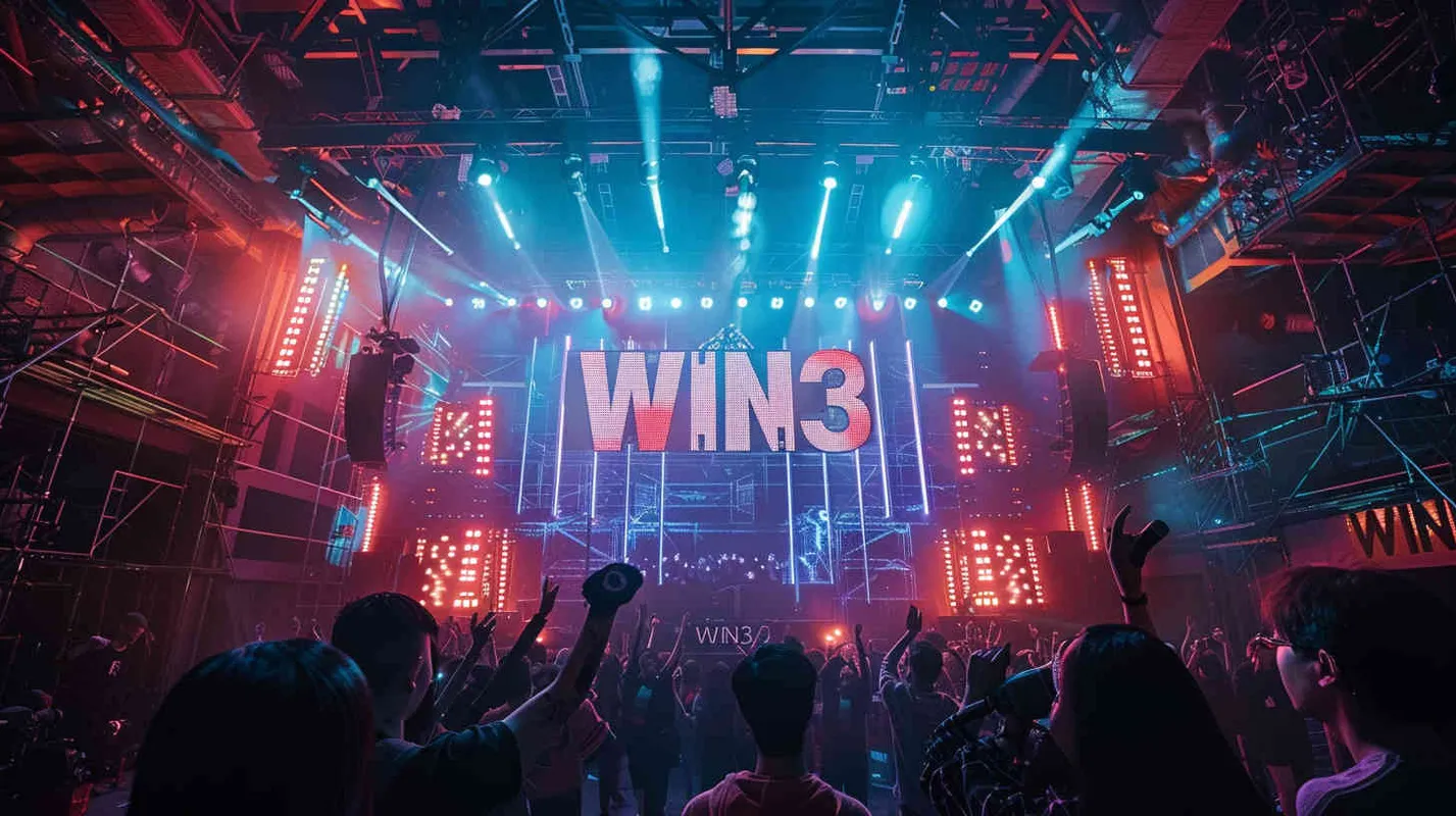 摄影作品，一个万人演唱会现场，舞台及周边是大大的字样“WIN3”，赛博朋克风格，非常绚丽的演出效果，电影级打光， - style3部分