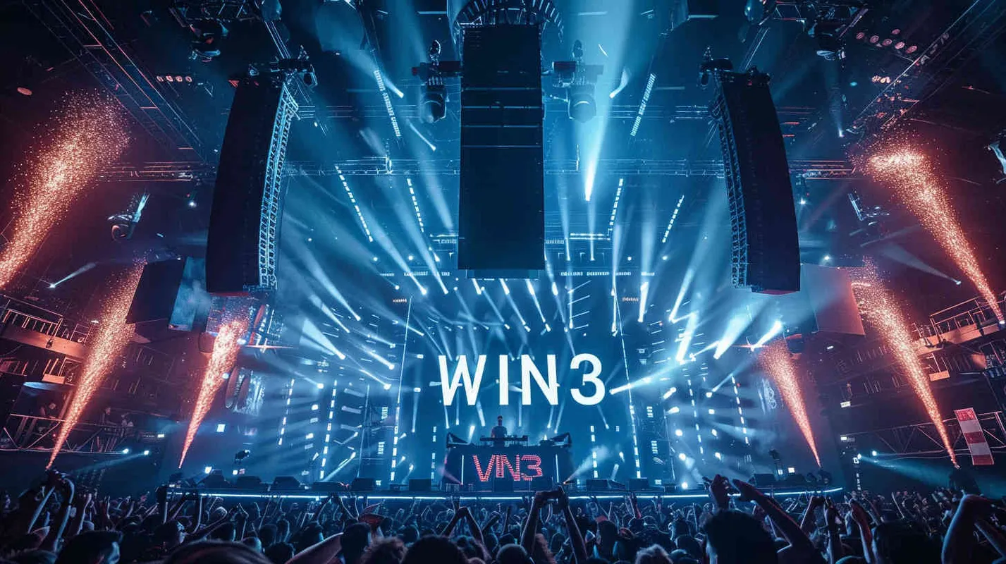 摄影作品，一个万人演唱会现场，舞台及周边是大大的字样“WIN3”，赛博朋克风格，非常绚丽的演出效果，电影级打光， - style4部分