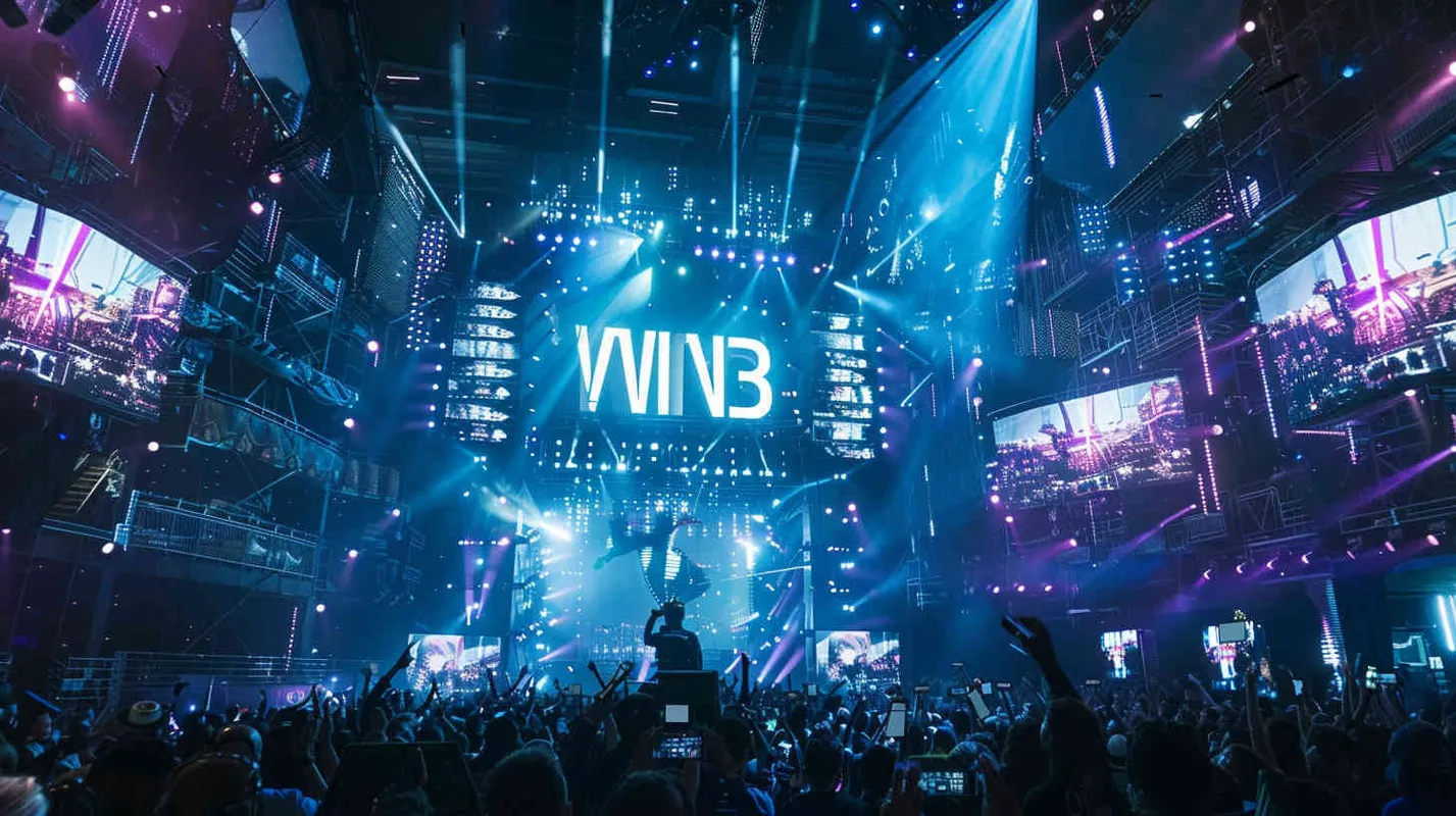 摄影作品，一个万人演唱会现场，舞台大大的字样“WIN3”由超炫酷的灯光和屏幕组成，赛博朋克风格，非常绚丽的演出效果，电影级打光，  - style1部分
