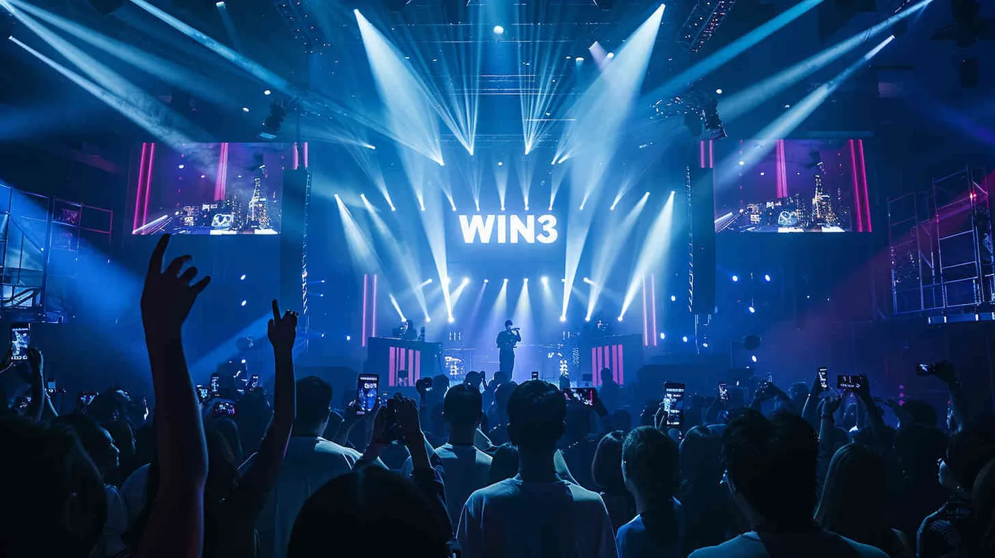 摄影作品，一个万人演唱会现场，舞台大大的字样“WIN3”由超炫酷的灯光和屏幕组成，赛博朋克风格，非常绚丽的演出效果，电影级打光，  - style3部分