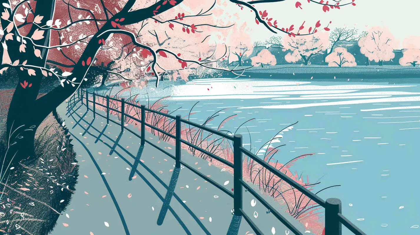 高角度透视 线条为插图 平面插图，简单的着色，画一个湖泊，傍边有栅栏和小路， 插画采用简单的线条           - AI绘画作品展示 | Midjourney中文版生成