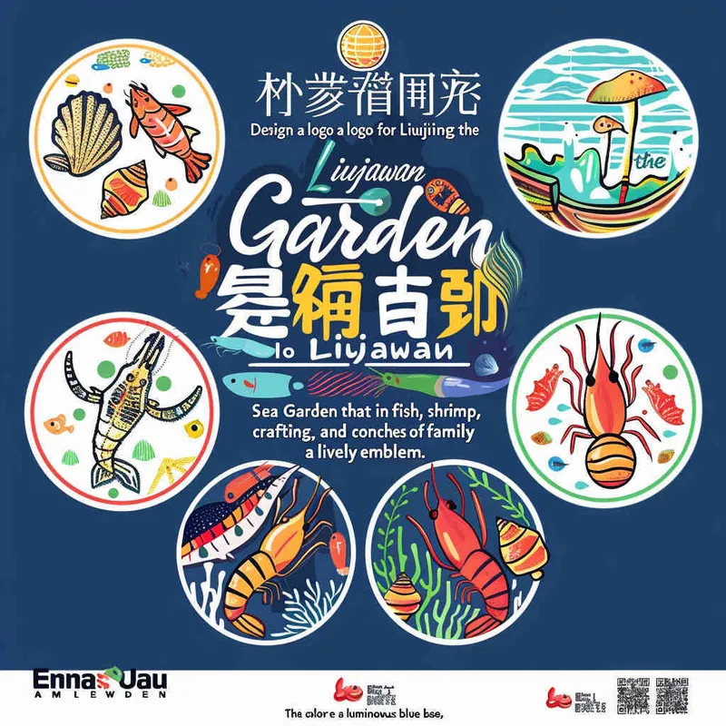 
Create a logo for Liujiawan Catching the Sea Garden, utilizing elements such as small fish, shrimp, shells, and conches to showcase a sense of parent-child travel, creating a vibrant and colorful logo. The color should be bright blue, supplemented by green, yellow, and red. The design should be in the form of smooth vector icons, seamlessly integrating images and text on a clean white background - ar 1:1- version 6.0 - style3部分