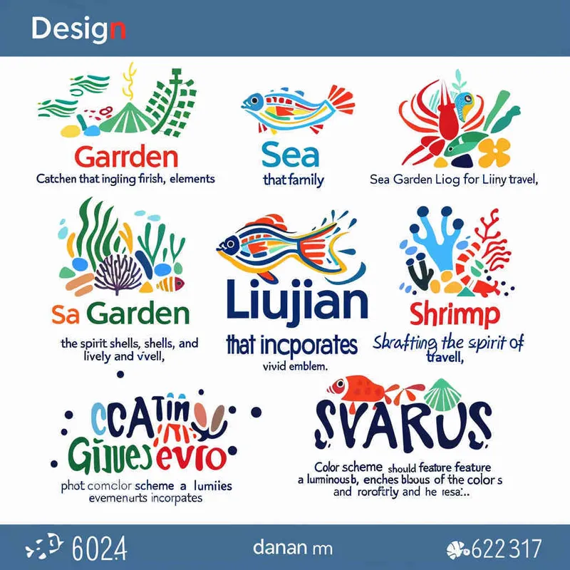 
Create a logo for Liujiawan Catching the Sea Garden, utilizing elements such as small fish, shrimp, shells, and conches to showcase a sense of parent-child travel, creating a vibrant and colorful logo. The color should be bright blue, supplemented by green, yellow, and red. The design should be in the form of smooth vector icons, seamlessly integrating images and text on a clean white background - ar 1:1- version 6.0 - style4部分