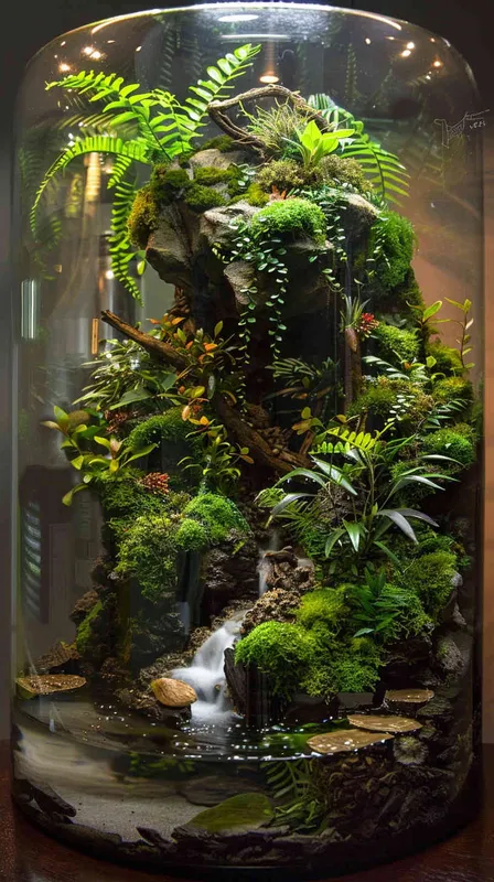 做一个玻璃缸里的雨林微景观，植物是主体，有苔藓，树，河流，和一个机器人及一些小动物，有海贼王元素，有烟雾，有暖色灯光，纯色背景，很高级 - style1部分