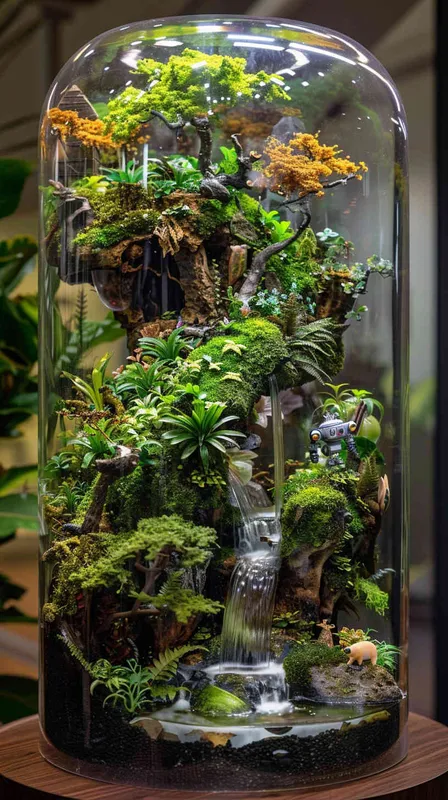 做一个玻璃缸里的雨林微景观，植物是主体，有苔藓，树，河流，和一个机器人及一些小动物，有海贼王元素，有烟雾，有暖色灯光，纯色背景，很高级 - style2部分