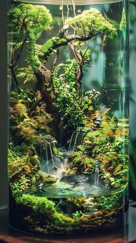 做一个玻璃缸里的雨林微景观，植物是主体，有苔藓，树，河流，和一个机器人及一些小动物，有海贼王元素，有烟雾，有暖色灯光，纯色背景，很高级 - style3部分