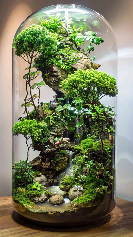 做一个玻璃缸里的雨林微景观，植物是主体，有苔藓，树，河流，和一个机器人及一些小动物，有海贼王元素，有烟雾，有暖色灯光，纯色背景，很高级 - style4部分