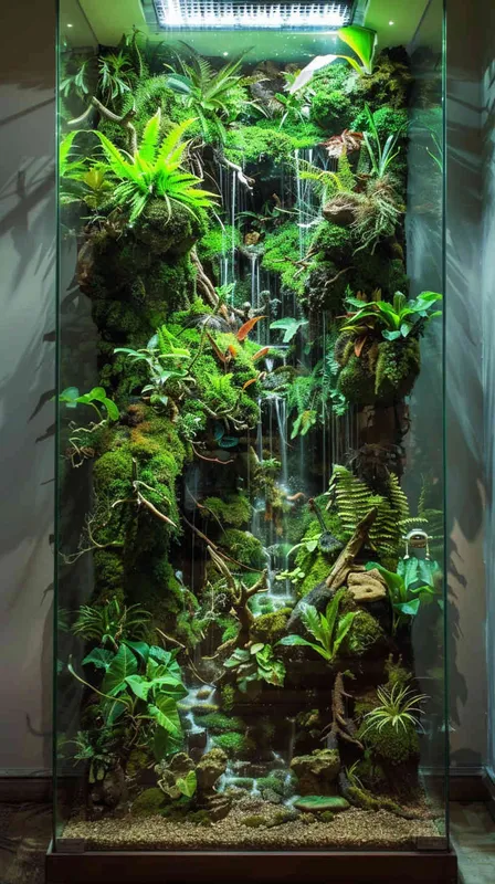 做一个玻璃缸里的雨林微景观，放在客厅整面墙，植物是主体，有苔藓，树，河流，和一个机器人及一些小动物，有海贼王元素，有烟雾，有暖色灯光，纯色背景，很高级 - style1部分