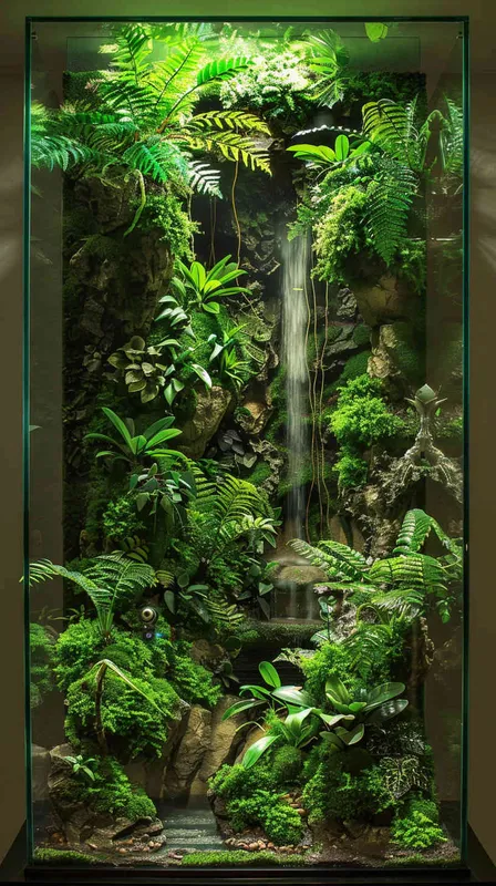 做一个玻璃缸里的雨林微景观，放在客厅整面墙，植物是主体，有苔藓，树，河流，和一个机器人及一些小动物，有海贼王元素，有烟雾，有暖色灯光，纯色背景，很高级 - style2部分