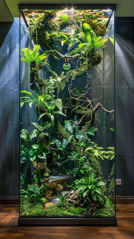 做一个玻璃缸里的雨林微景观，放在客厅整面墙，植物是主体，有苔藓，树，河流，和一个机器人及一些小动物，有海贼王元素，有烟雾，有暖色灯光，纯色背景，很高级 - style3部分
