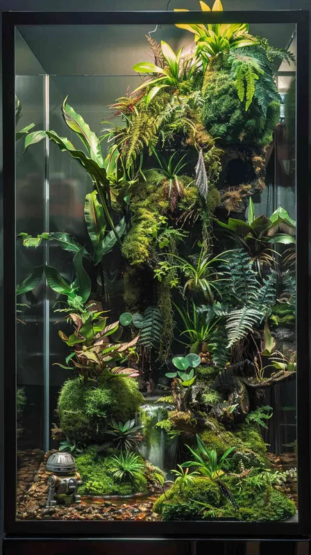 做一个玻璃缸里的雨林微景观，放在客厅整面墙，植物是主体，有苔藓，树，河流，和一个机器人及一些小动物，有海贼王元素，有烟雾，有暖色灯光，纯色背景，很高级 - style4部分