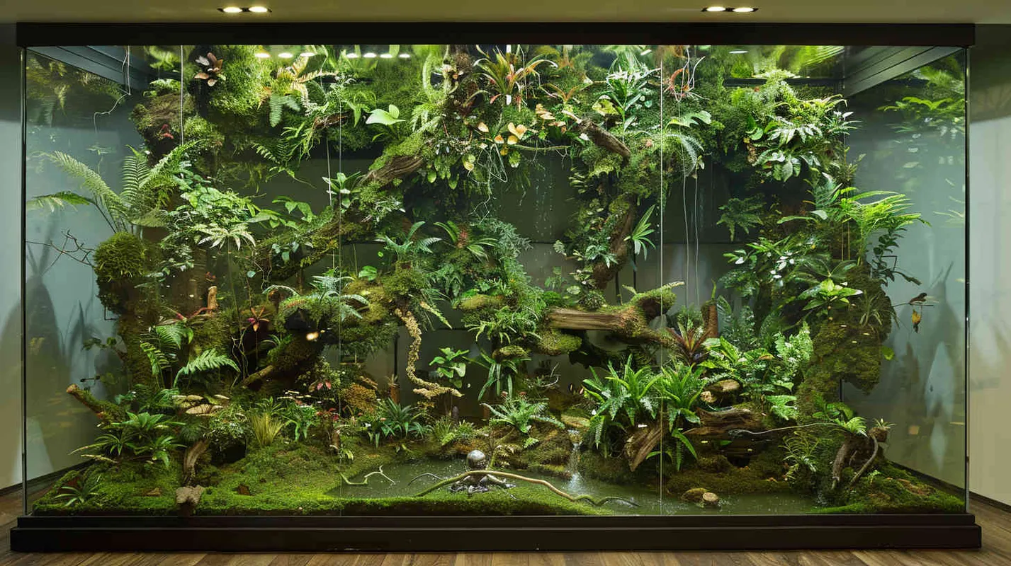 做一个超大玻璃缸里的雨林微景观，放在客厅整面墙，植物是主体，有苔藓，树，河流，和一个机器人及一些小动物，有海贼王元素，有烟雾，有暖色灯光，纯色背景，很高级  - style3部分