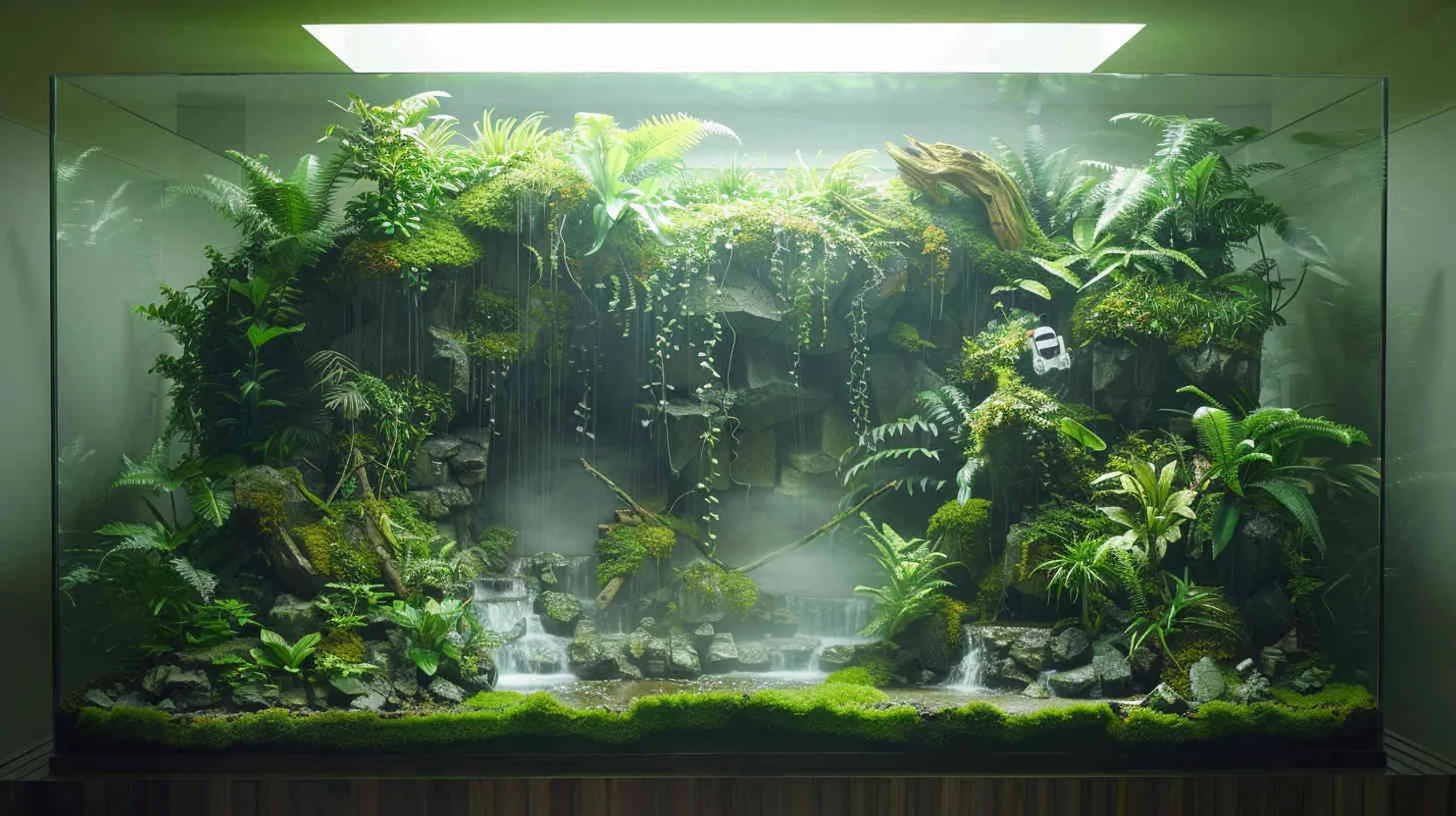 做一个超大玻璃缸里的雨林微景观，放在客厅整面墙，植物是主体，有苔藓，树，河流，和一个机器人及一些小动物，有海贼王元素，有烟雾，有暖色灯光，纯色背景，很高级  - style4部分
