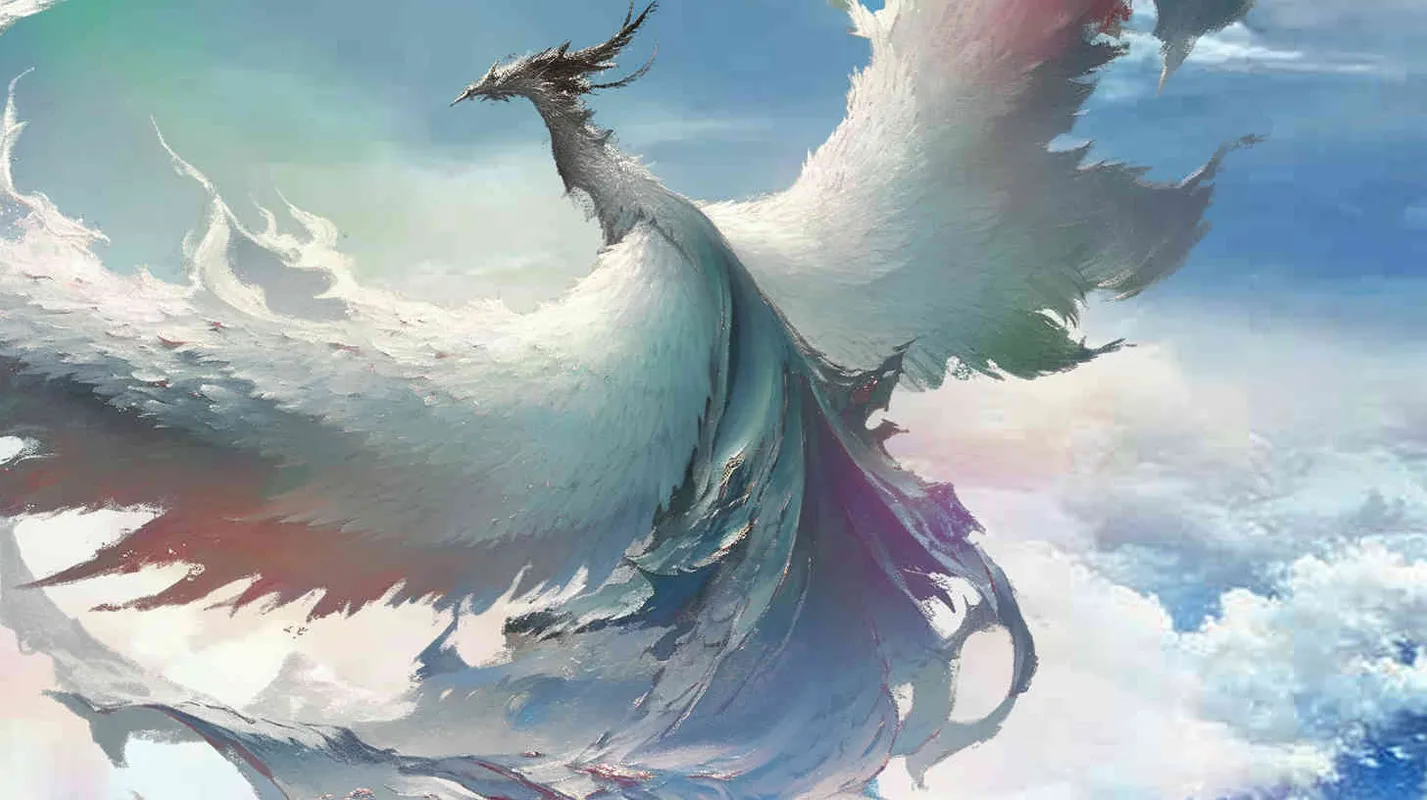 A white phoenix, with its head tilted back ， wings spread out, with a light blue background, freehand brushwork, – AI绘画作品展示 | Midjourney中文版生成