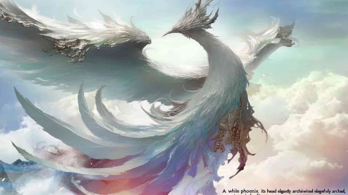 A white phoenix, with its head tilted back ， wings spread out, with a light blue background, freehand brushwork, - style2部分