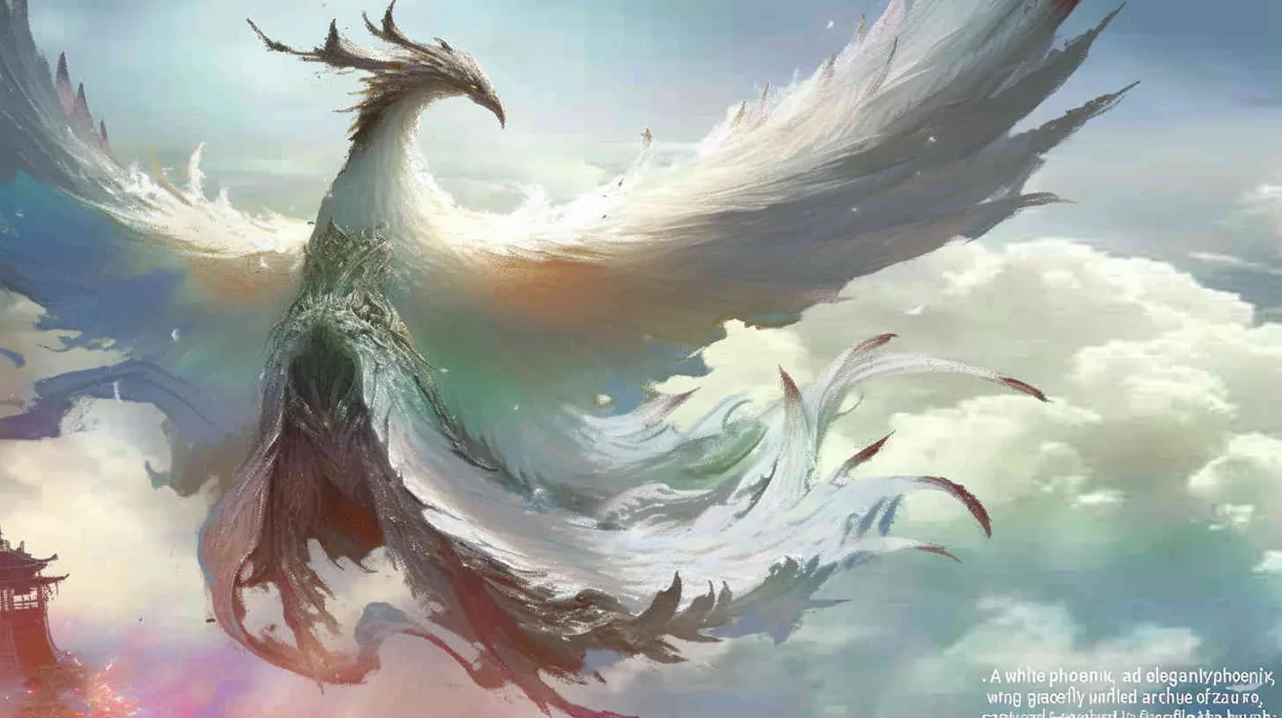 A white phoenix, with its head tilted back ， wings spread out, with a light blue background, freehand brushwork, - style3部分