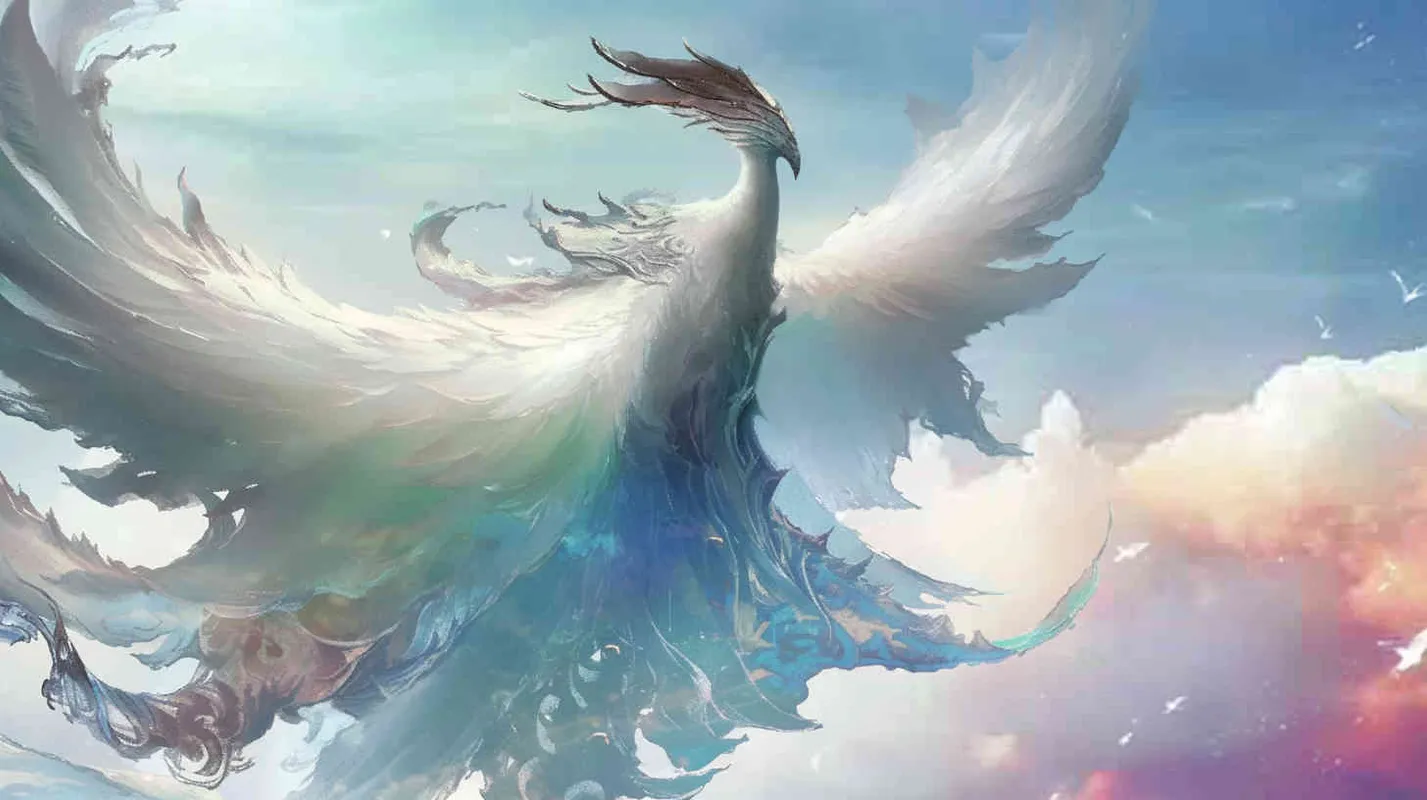 A white phoenix, with its head tilted back ， wings spread out, with a light blue background, freehand brushwork, - style4部分
