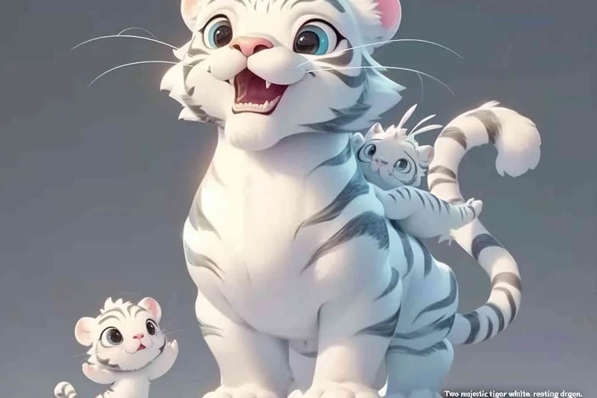 Two standing white tigers, with a white dragon on the mother tiger's belly - style1部分