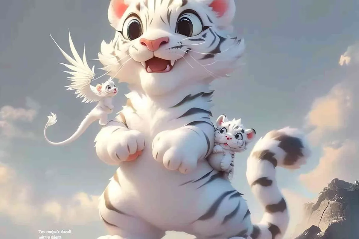 Two standing white tigers, with a white dragon on the mother tiger's belly - style2部分
