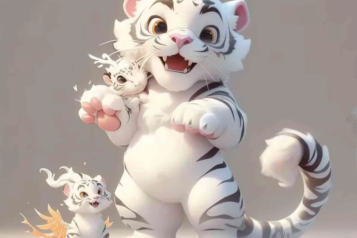 Two standing white tigers, with a white dragon on the mother tiger's belly - style3部分