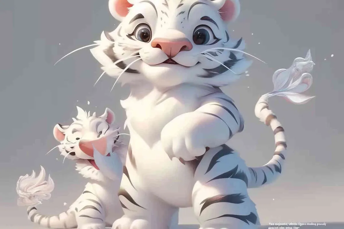 Two standing white tigers, with a white dragon on the mother tiger's belly - style4部分