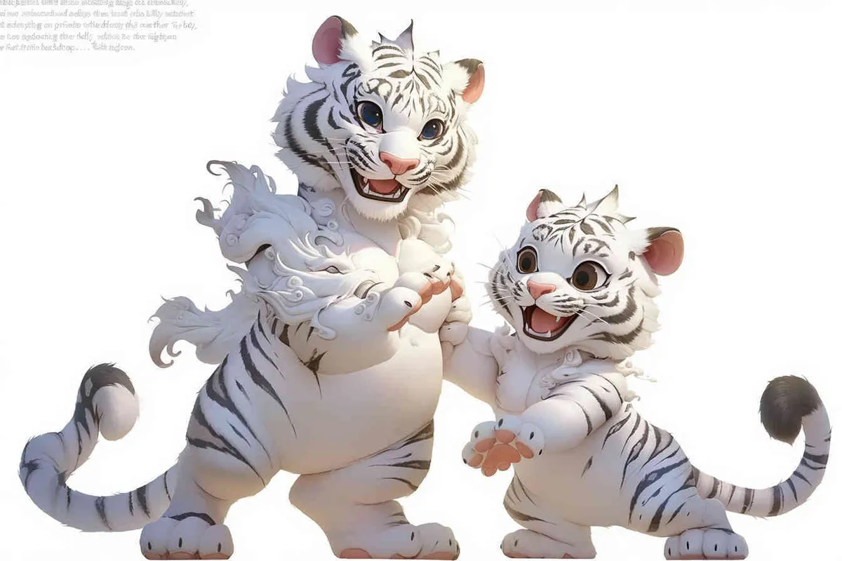 Two standing white tigers, with a white dragon on the mother tiger's belly，white background  - style1部分