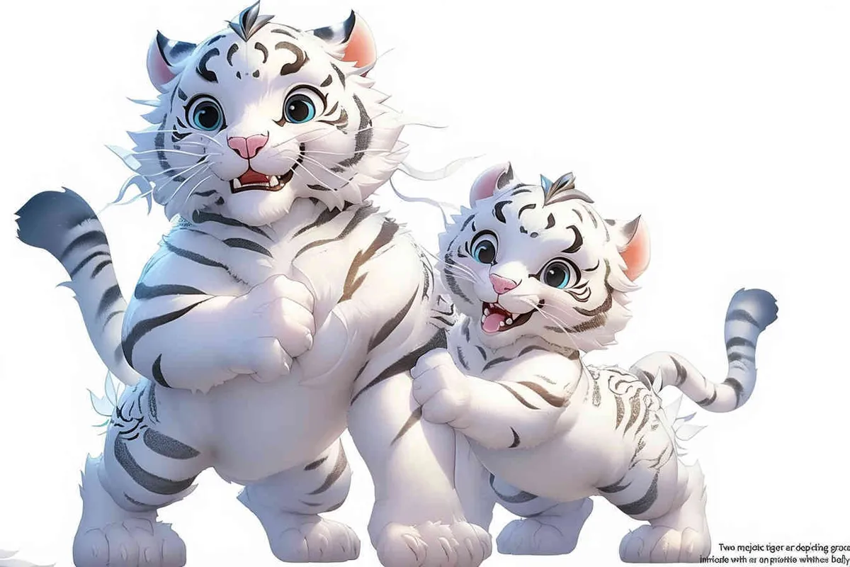Two standing white tigers, with a white dragon on the mother tiger's belly，white background  - style2部分