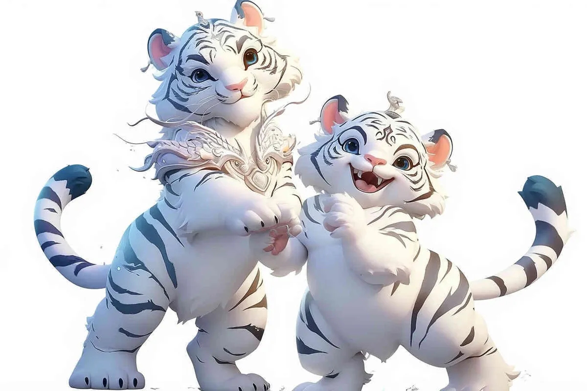 Two standing white tigers, with a white dragon on the mother tiger's belly，white background  - style3部分