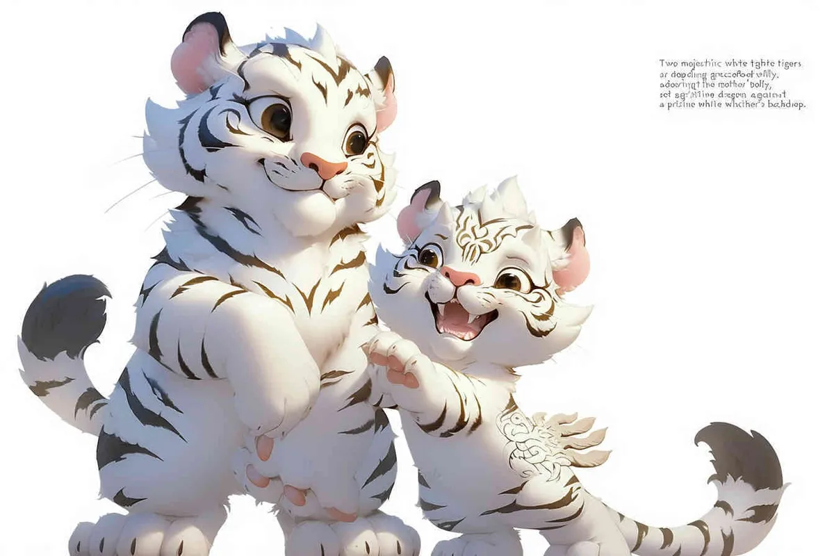 Two standing white tigers, with a white dragon on the mother tiger's belly，white background  - style4部分