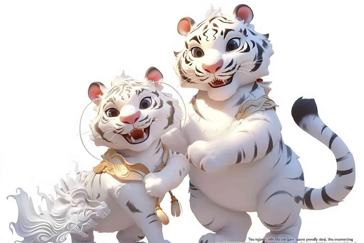 Two standing white tigers, with a white dragon on the mother tiger's belly ,  white background  - style1部分