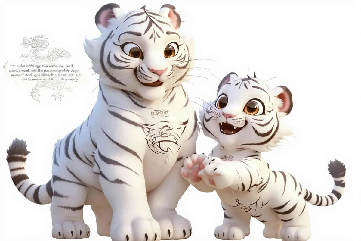 Two standing white tigers, with a white dragon on the mother tiger's belly ,  white background  - style2部分