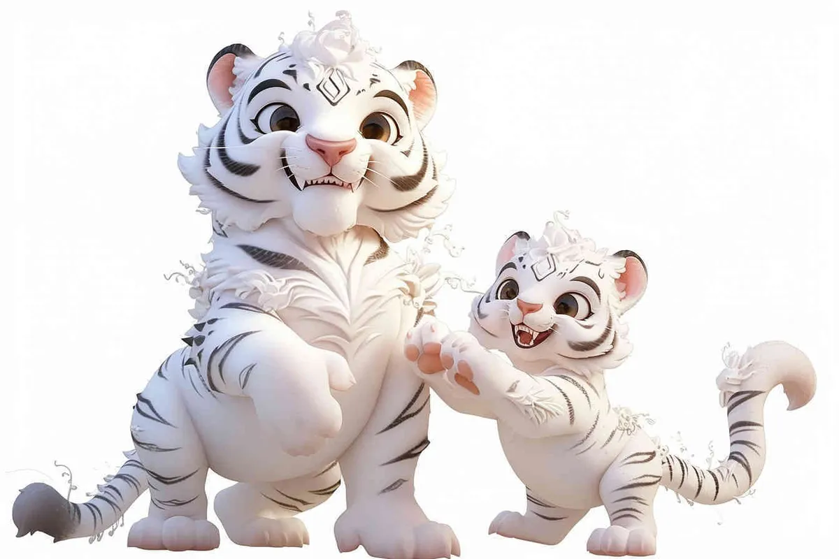 Two standing white tigers, with a white dragon on the mother tiger's belly ,  white background  - style3部分