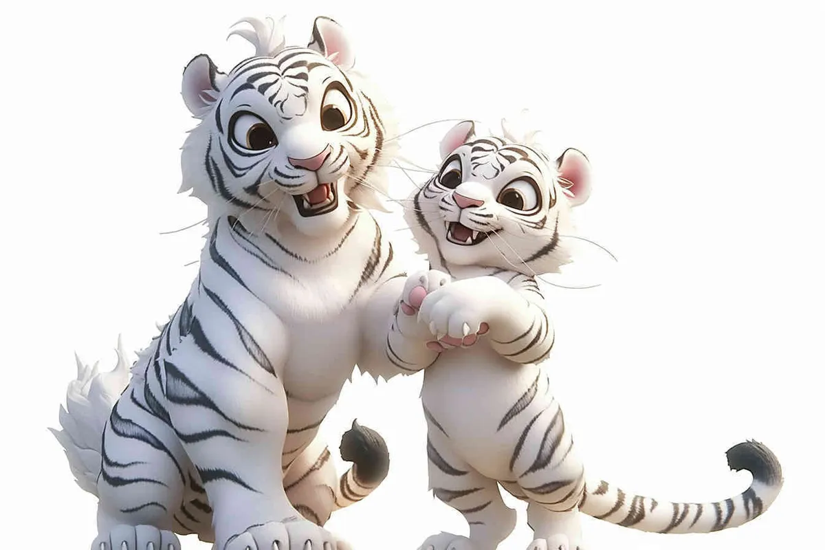 Two standing white tigers, with a white dragon on the mother tiger's belly ,  white background  - style4部分