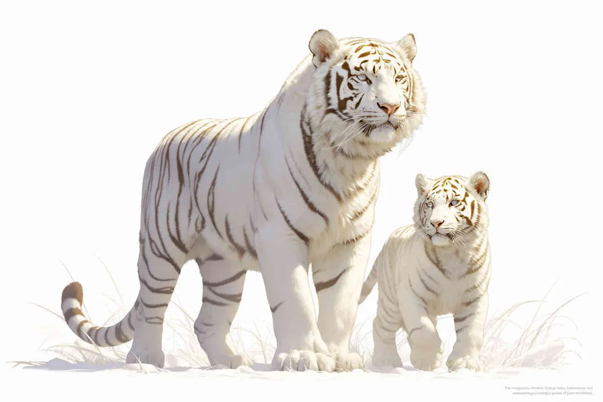 Two standing white tigers ,  white background  - style2部分