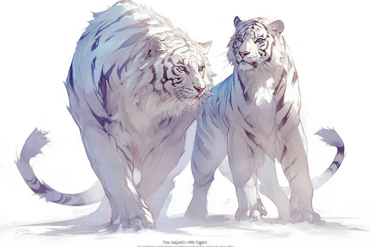 Two standing white tigers ,  white background  - style3部分